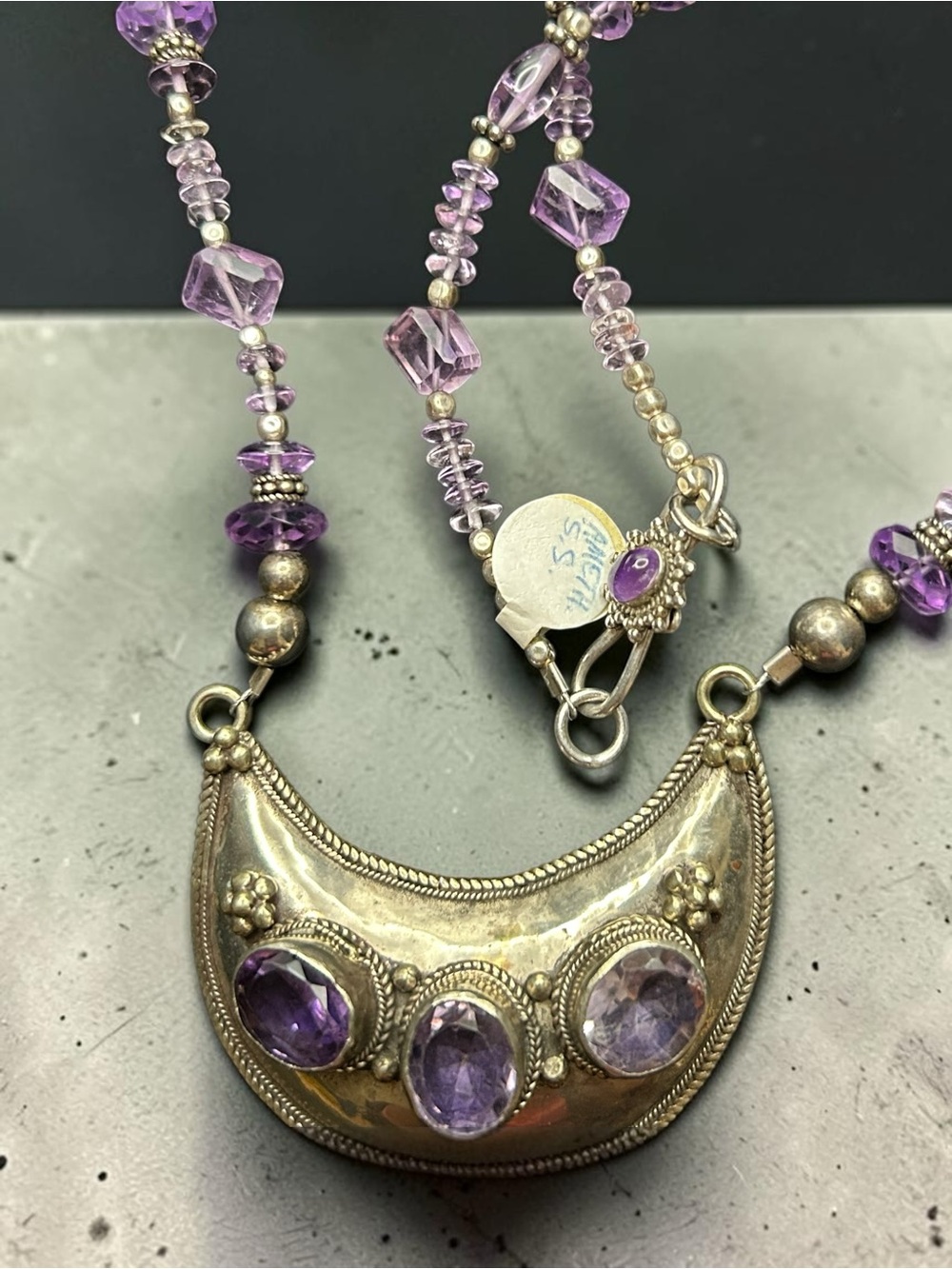 18” Amethyst & Sterling Silver Crescent Necklace. Gemstone Professionally Cut.